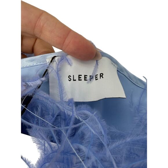 NEW Sleeper Boheme Feather Slip Dress Blue Satin Midi Size M Ostrich Versatile - Picture 7 of 11
